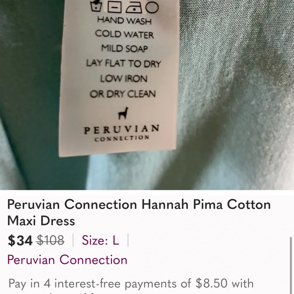 Peruvian Connection Hannah Maxi dress L sea foam green  cap sleeve semi fitted - Picture 9 of 10
